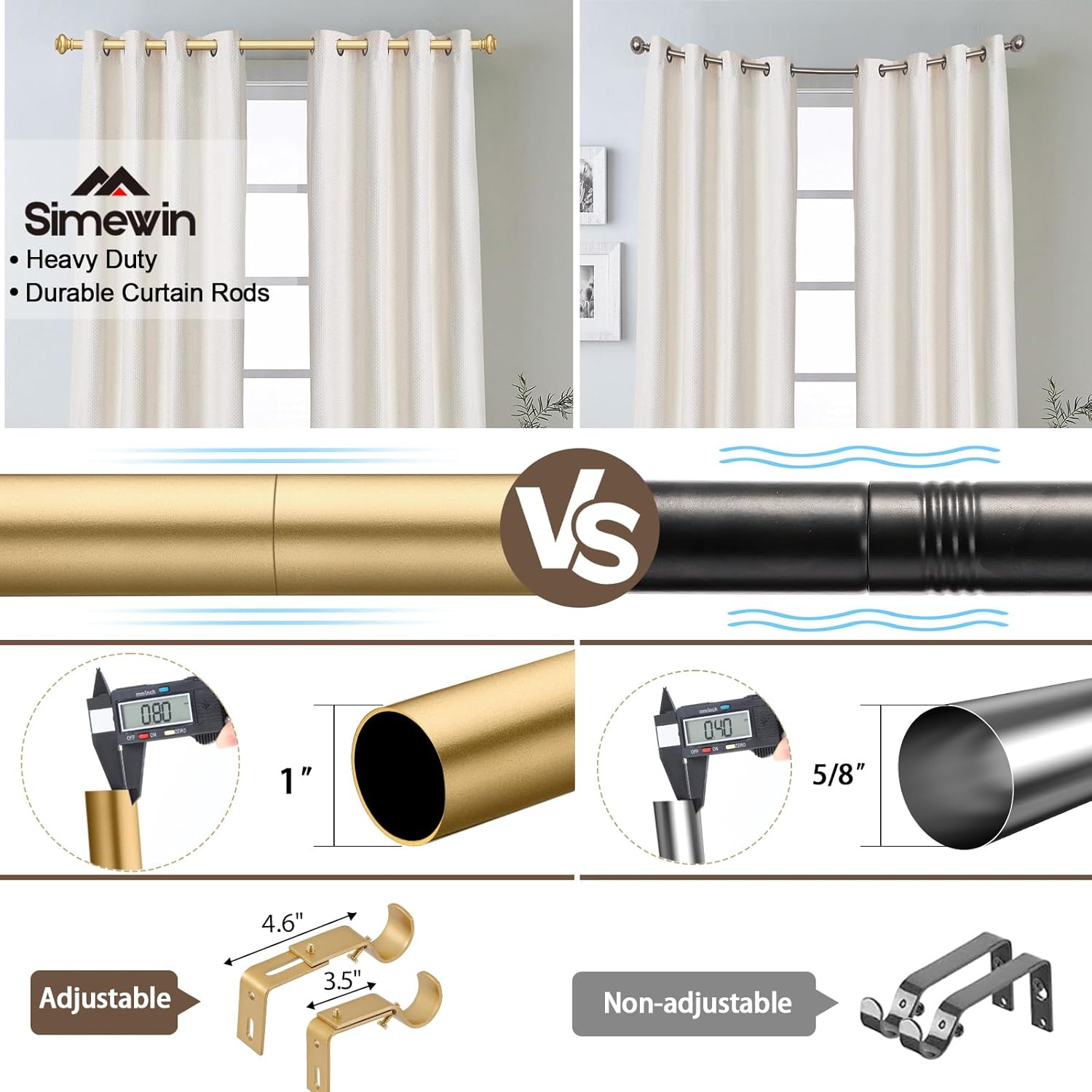 Gold Curtain Rods for Windows 66 to 120 Inches Adjustable Decorative 1 Inch Diameter Single Window Curtain Rod Set with Classic Finials, Gold Finishing